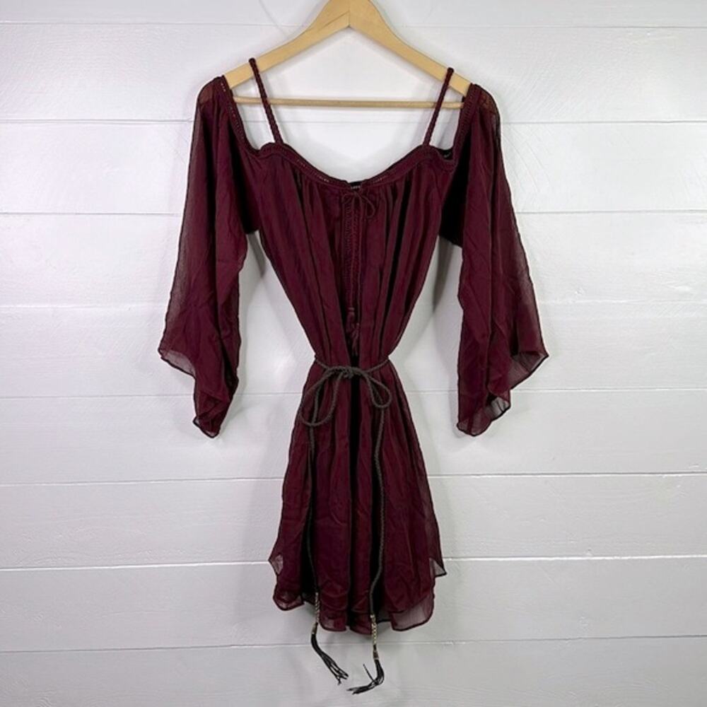 DOUBLE ZERO Wine Open Shoulder Wide Sleeve Polyester Tassle Dress Size Small